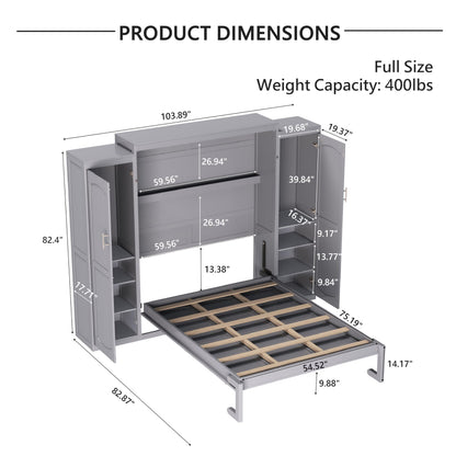 Ball & Cast Full Size Murphy Bed,Wood Foldable Wall Bed with 2 Sides Wardrobe and Storage Shelf, Hidden Cabinet Bed Frame for Bedroom,Guest Room,Space Saving,No Box Spring Needed,Gray