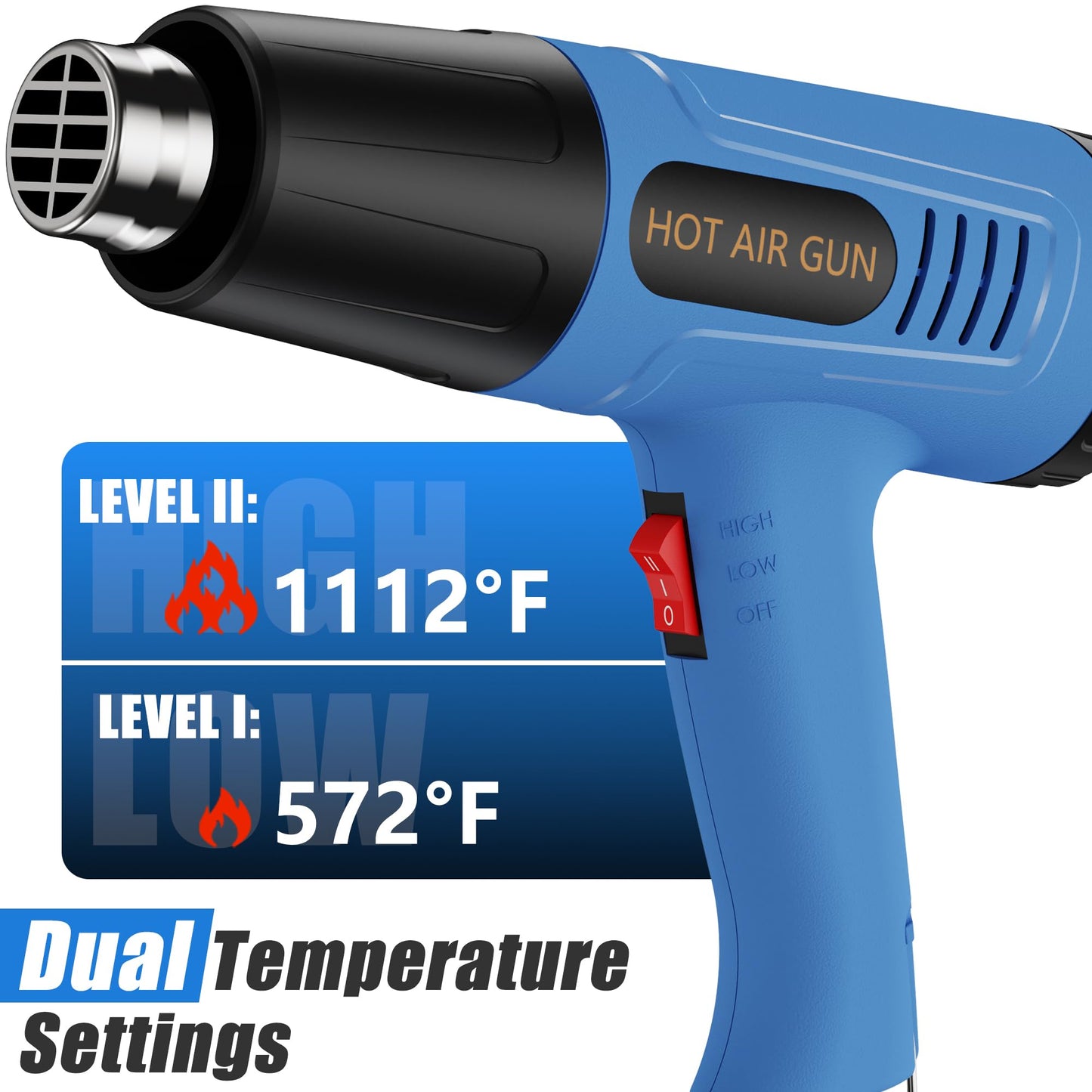 Hot Air Gun, Professional Power Heat Gun with 2 Temp Settings, Handheld Heat Blower with 4 Nozzle Attachments for Stripping Paint, Shrink Wrapping, PVC Tubing, DIY Crafts, vinyl wrap