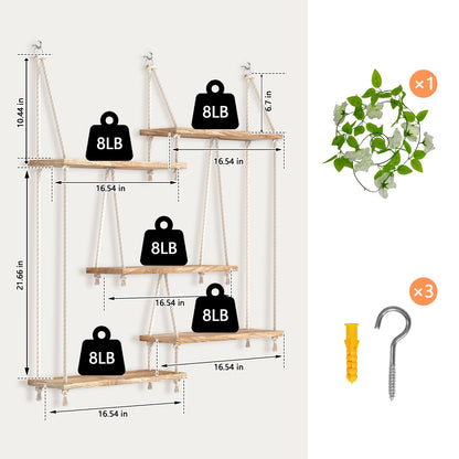 Hanging Shelves for Wall with Vine Lights 5 Tier Boho Wall Shelf Macrame Floating Shelves Rope Rustic Wood Organizer Storage Hanger Rack Decor Aesthetic for Succulents Bedroom Kitchen Bathroom Home
