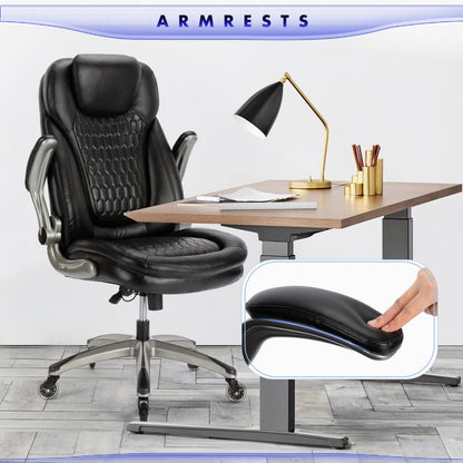 Executive Office Chair-Ergonomic Computer Desk Chair, High Back Leather Chair with Padded Flip-up Arms, Swivel Home Office Chair Upgraded Caster-Black