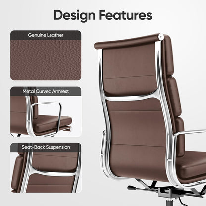 OTDMEL Genuine Leather Office Chair, Padded High Back Ergonomic Executive Desk Chair with Aluminum Arm Rest and Base, Swivel Wheels with Lumbar Support & Tilting Function, Hight Adjustable, Dark Brown