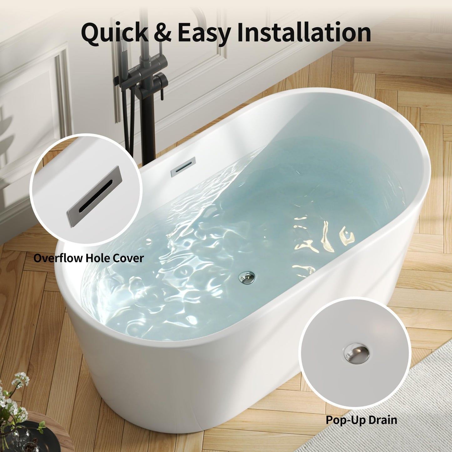 DeerValley 55" Acrylic Freestanding Bathtub, Deep Soaking Tub with Center Drain & Integrated Overflow, White Standalone Shower Tub Ergonomic Design, DV-1T0582