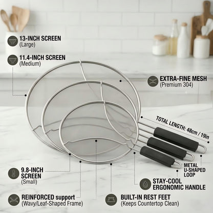 HOMEAVA Splatter Screen for Frying Pan 3-Piece Set - Stainless Steel Grease Splatter Guard (13", 11.4", 9.8") - Oil Splash Guard & Fine Mesh Cover for Cooking Bacon