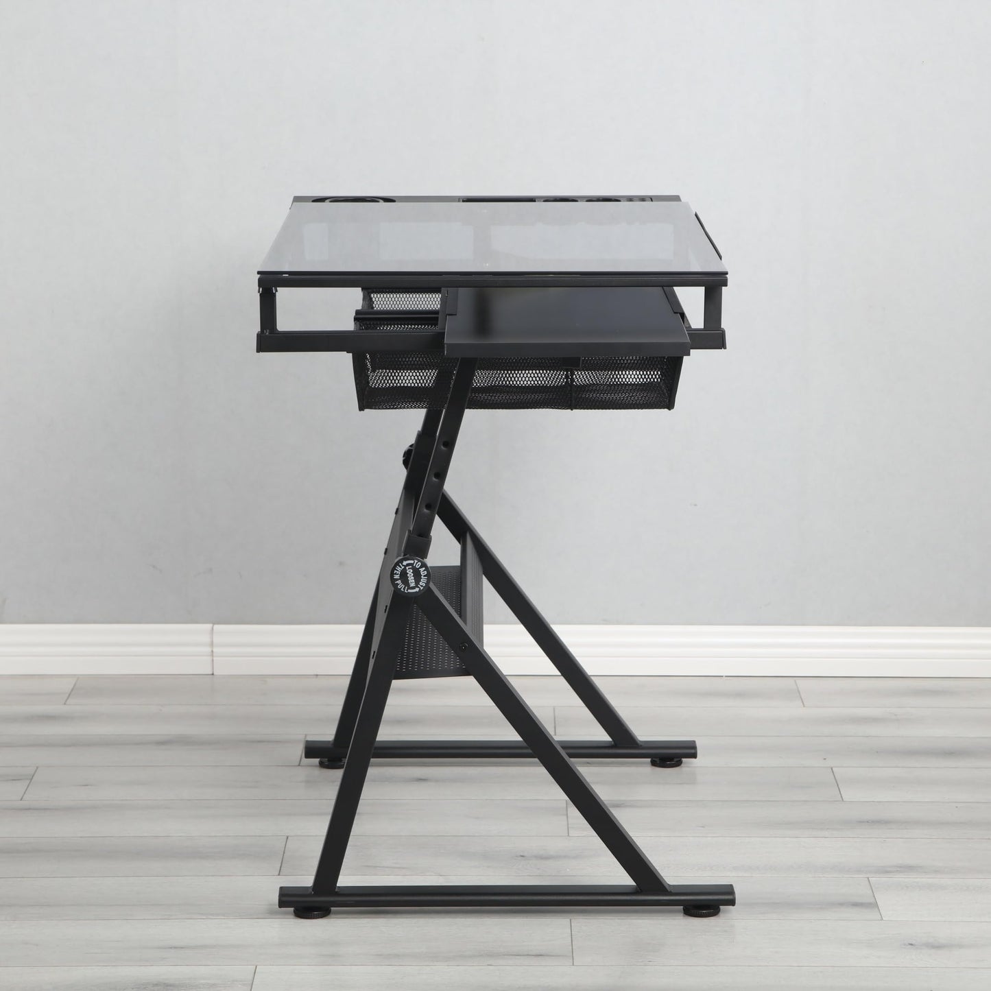 YJSPSSW Black Adjustable Tempered Glass Drafting Table with Chair, 5mm Thick Glass, 0-75° Tilt, 2 Metal Drawers, Side Storage Strips, Adjustable Legs for Office & Painting