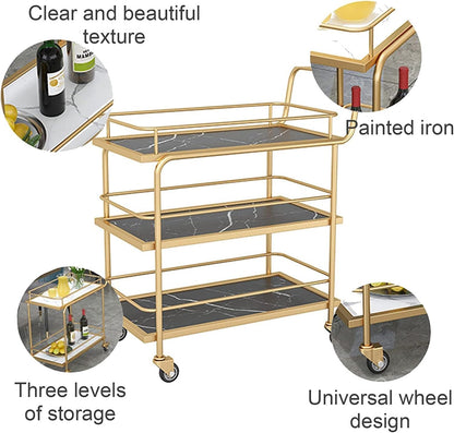 3-Tier Bar Cart with Wheels, Gold Metal Frame with Marble Pattern Shelves, Rolling Serving Trolley with Lockable Casters, Kitchen Living Room Storage Cart, 27x15x34 Inches