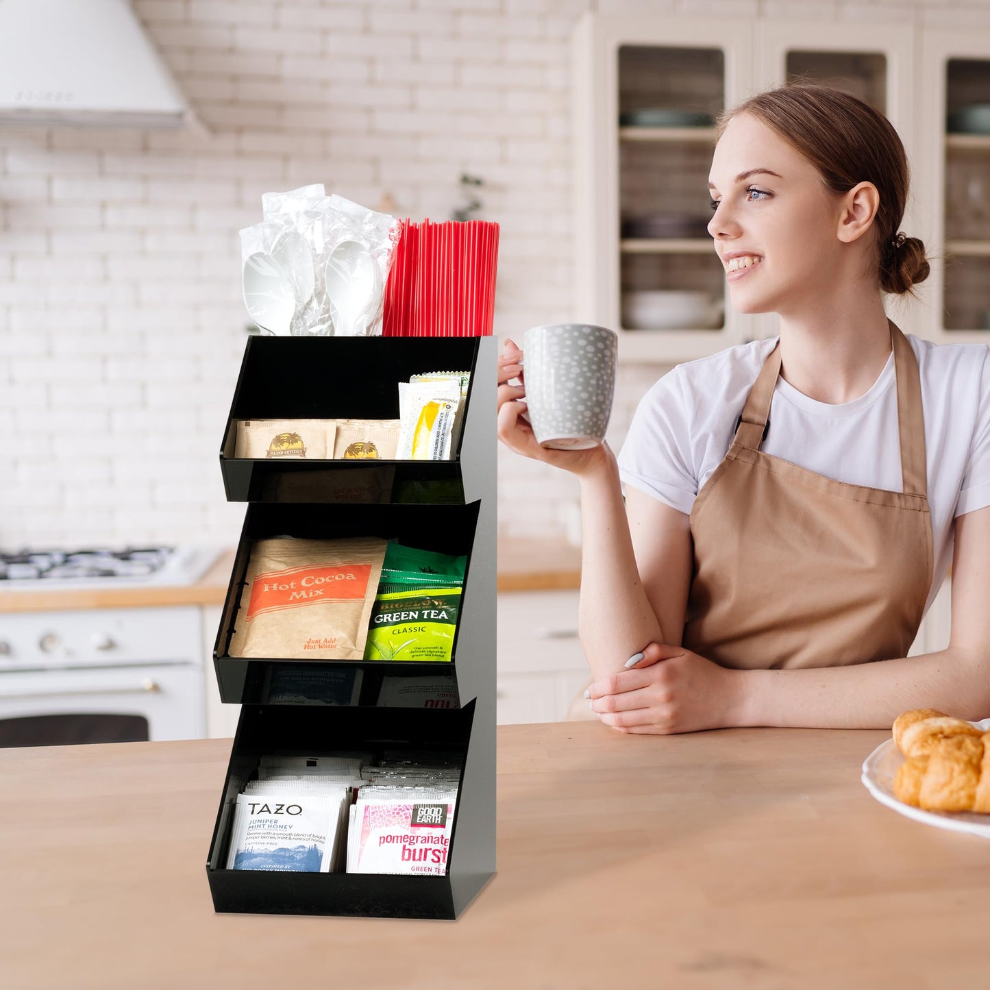 Inevibe Condiment Holder Stand - 3 Tier Compartment for Condiments, Sauce Packets, and Coffee Station Organizer for Bar, Restaurant, Cafe, Home - Black Acrylic Caddy Storage Rack