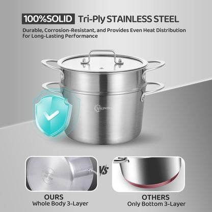 LOLYKITCH 5 Quart Stainless Steel Steamer Pot with Glass Lid, 3-Ply Steaming Pot for Cooking, 2 Tier Induction Steamer Pot for Tamales Seafood Vegetables Dumplings Stock Pot, Thick