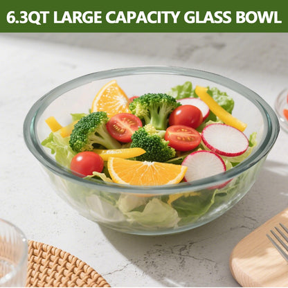 CD HOME 6.3Quart Large Glass Mixing Bowl with Lid, Clear Large Salad Bowls Glass Big Mixing Bowls for Kitchen