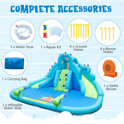 BOUNTECH Inflatable Water Slide Park with Dinosaur, Double Slides Water Park Bounce House w/Climbing Wall, Bouncy Castle with Blower for Outdoor Backyard, Blow up Water Slides Inflatables for Big Kids
