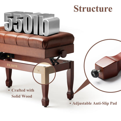 FILISITE Genuine Leather Duet Piano Bench with Storage,Adjustable Heavy Duty Wooden Double Keyboard Seat XHJ-11G(Brown)