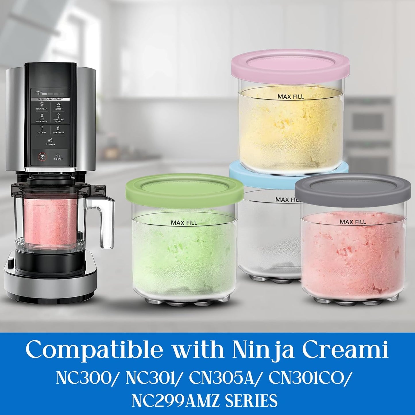 4 pack Set, NC299AMZ NC300s Creami Pints and Lids for Ninja - Creamy Icecream Containers Cups Jars Tubs Canisters