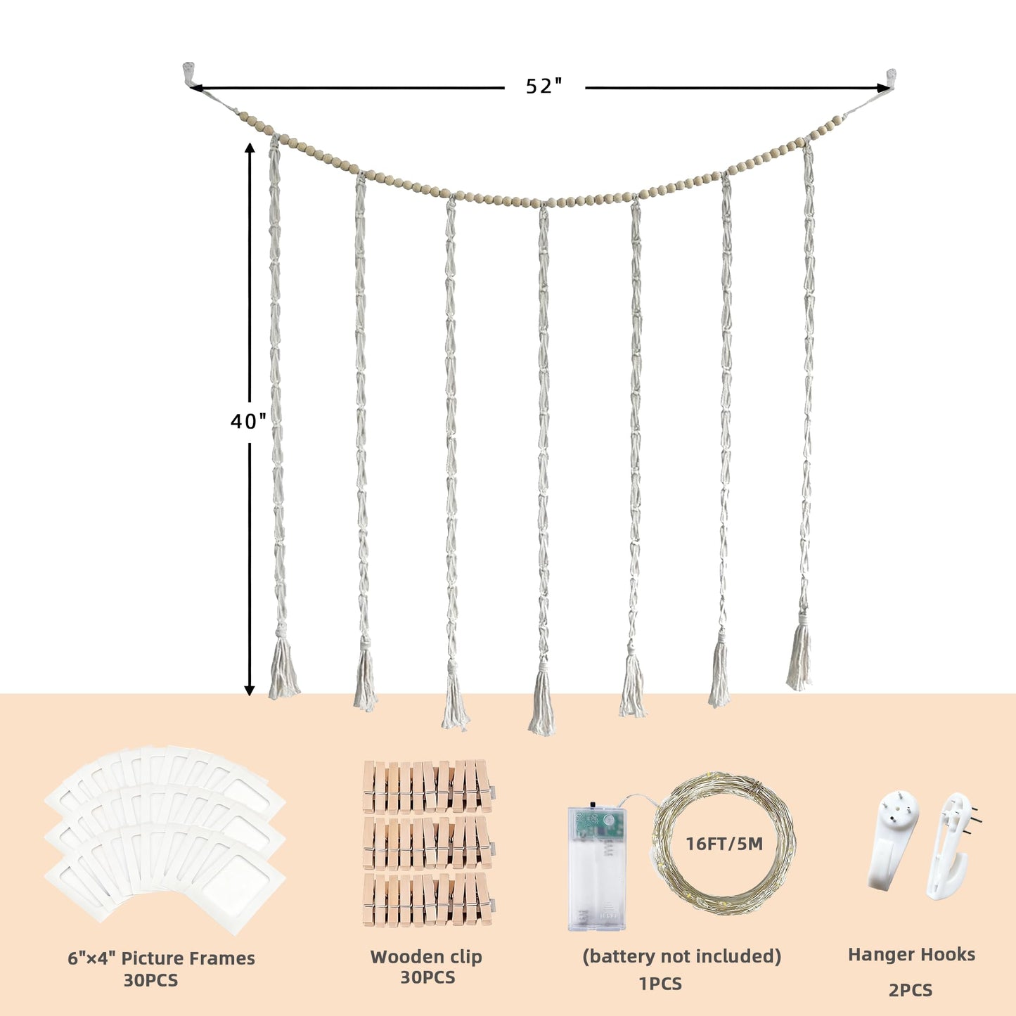 HOZII@FAB Macrame Hanging Photo Display Kit with 30 Cardstock Photo Frames & 5M Timer String Lights - Room Decor for Bedroom/Living Room/Dining Room - Ideal Gifts for Teen Girls & Craft Enthusiasts (Christmas/Birthday/Daily Surprise)