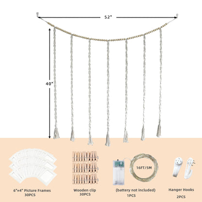 HOZII@FAB Macrame Hanging Photo Display Kit with 30 Cardstock Photo Frames & 5M Timer String Lights - Room Decor for Bedroom/Living Room/Dining Room - Ideal Gifts for Teen Girls & Craft Enthusiasts (Christmas/Birthday/Daily Surprise)