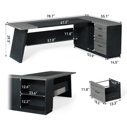 LITTLE TREE 78-Inch Executive Office Desk with File Cabinet, Large Modern Corner Office Desk for Home Office, 3-Drawer Wood File Cabinet, Spacious Workstation for Home Office (Grey & Black)