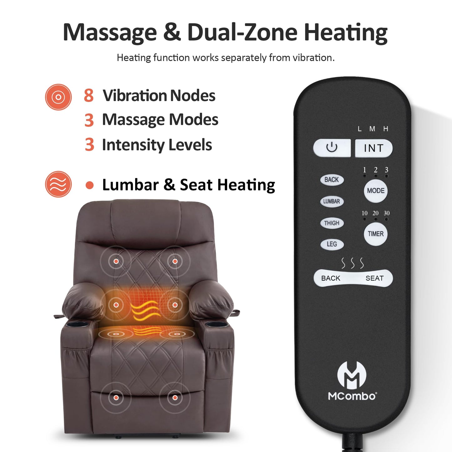 MCombo Small Power Lift Recliner Chair Sofa with Massage and Dual Heating, Adjustable Headrest for Elderly People Petite, USB Ports, 7111 (Single Motor, Dark Coffee)