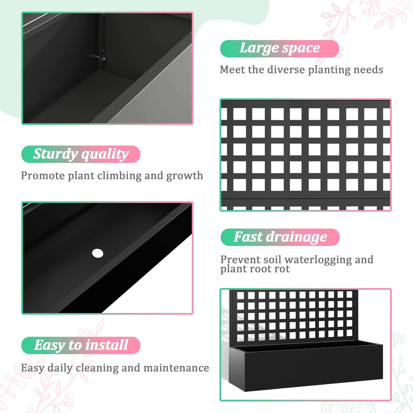 Metal Raised Garden Bed with Trellis for Climbing Plants, Vegetable, Vines,Metal Planter Box with Trellis 71"x47"x16",Trellis with Planter Box & Privacy Screen(Black)