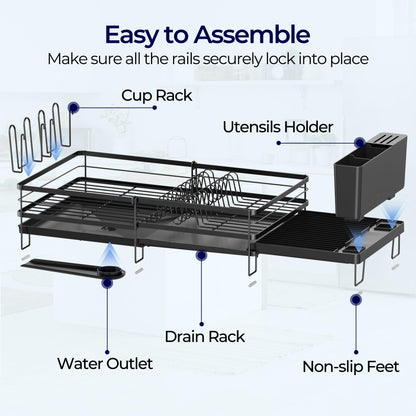 Pantasia Large Dish Drying Rack, Expandable Dish Rack for Kitchen Counter, Dish Drainer with Drainboard Set, Multifunctional Dishrack with Utensil & Cup Holder, 13.4"-28.7" L x 11.8" W x 7.8" H, Black