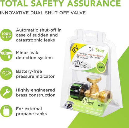 GasStop - Propane Tank Gauge with Leak Detector & Emergency Shut-Off | Universal Pressure Indicator for RVs & Campers