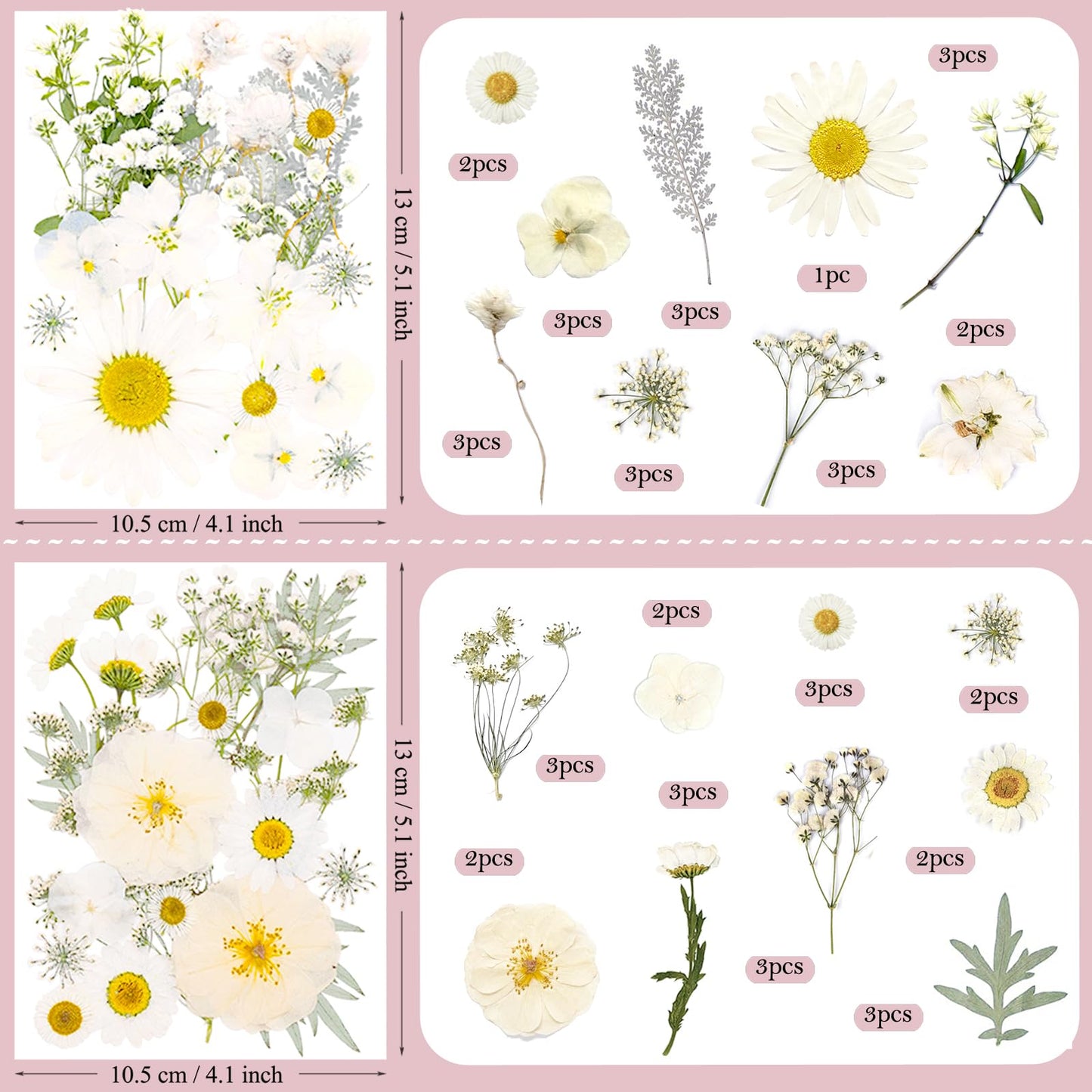 SUAUKEY 95 Pcs White Pressed Dried Flowers for Resin, Real Natural Bulk Dry Wildflowers Leaves Perfect for Epoxy Molds, DIY Crafts, Home Decor, Soap Candles Jewelry Making