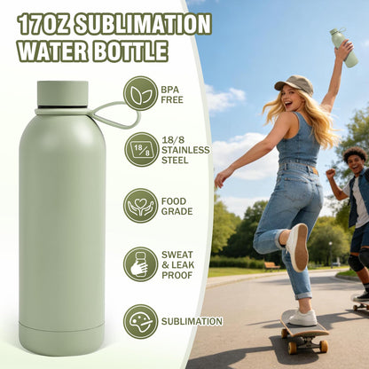 PlanetFlame Sublimation Blanks, 8 Pack 17 oz Tumblers Double-wall Insulated Stainless Steel Water Bottle Sublimation with Silicone Ring Coffee Cups, Matte LightGreen