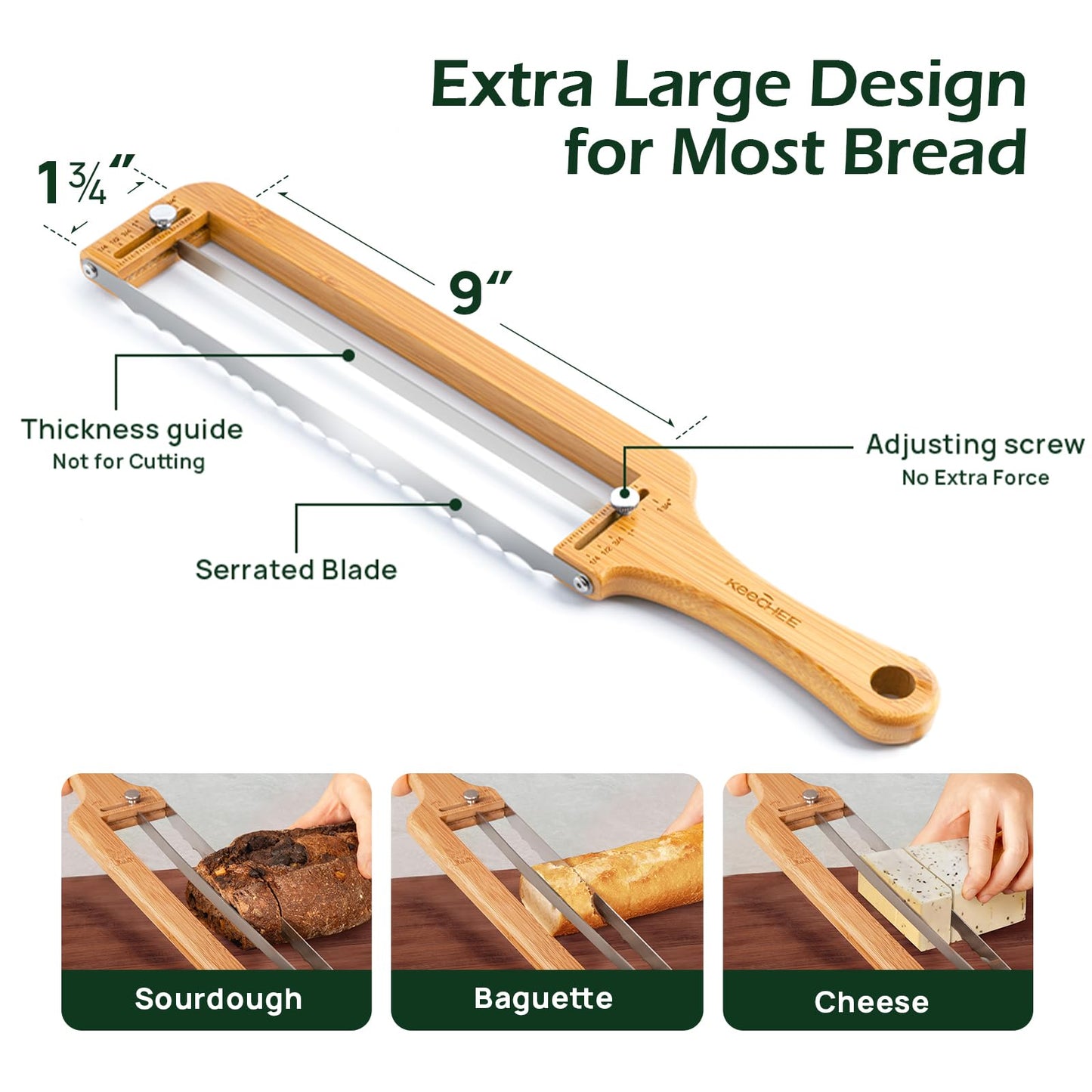 Keechee Adjustable Bread Slicer for Homemade Bread – Sourdough Bread Knife with Thickness Guide & Serrated Stainless Blade, Manual Bow Cutter for Bagels and Baguettes, Gift for Baker, Ambidextrous Use