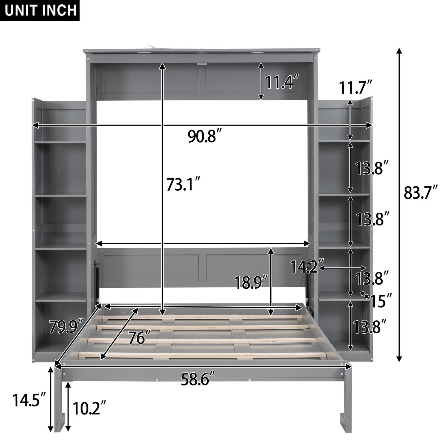 Merax Full Size Murphy Bed with 2 Five-Layer Cabinet, Modern Wall Bed with Shelves and LED Lights, Foldable Wood Platform Bed Folded into Cabinet for Guest Room, Home and Office, Grey