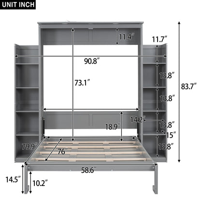Merax Full Size Murphy Bed with 2 Five-Layer Cabinet, Modern Wall Bed with Shelves and LED Lights, Foldable Wood Platform Bed Folded into Cabinet for Guest Room, Home and Office, Grey