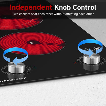 AMZCHEF 12Inch 2 Burner Electric Cooktop, 1800W/11Levels 2 Burners Stove Top With Knob Control Countertop & Built-in Radiant Electric Stove with Residual Heat Indicator