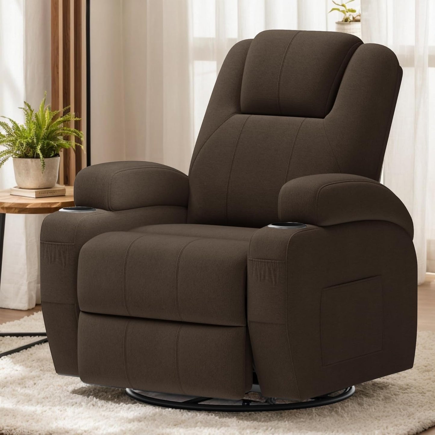 Flamaker Swivel Rocker Recliner Chair with Vibration Massage, 360° Swivel Recliner Chairs for Adults Ergonomic Lounge Chair with Cup Holders Lazy Boy Recliner Single Sofa Seat (Fabric, Brown)