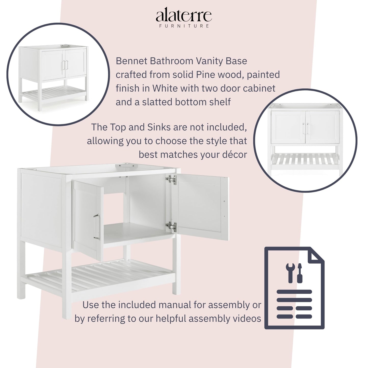 Alaterre Furniture Bennet Bathroom Vanity Without Sink – 36" Freestanding Wood Vanity Cabinet with Soft-Close Shaker Doors, Single Sink Base (White)