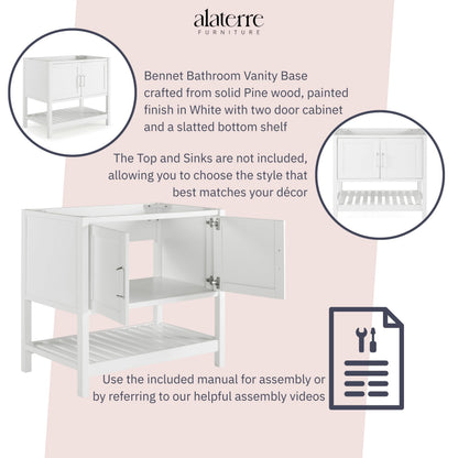 Alaterre Furniture Bennet Bathroom Vanity Without Sink – 36" Freestanding Wood Vanity Cabinet with Soft-Close Shaker Doors, Single Sink Base (White)
