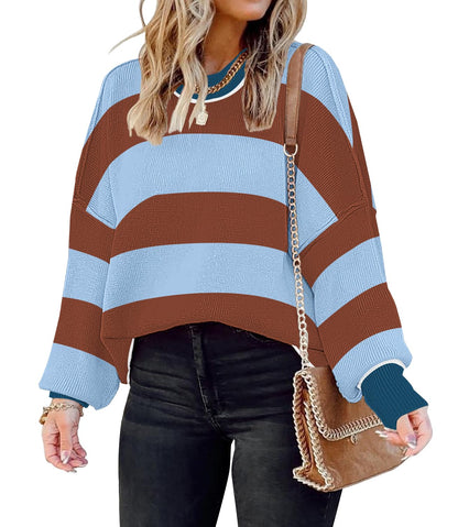 ETCYY Womens Oversized Sweaters Fall 2025 Fashion Clothes Trendy Batwing Sleeve Colorblock Striped Knit Pullover Tops