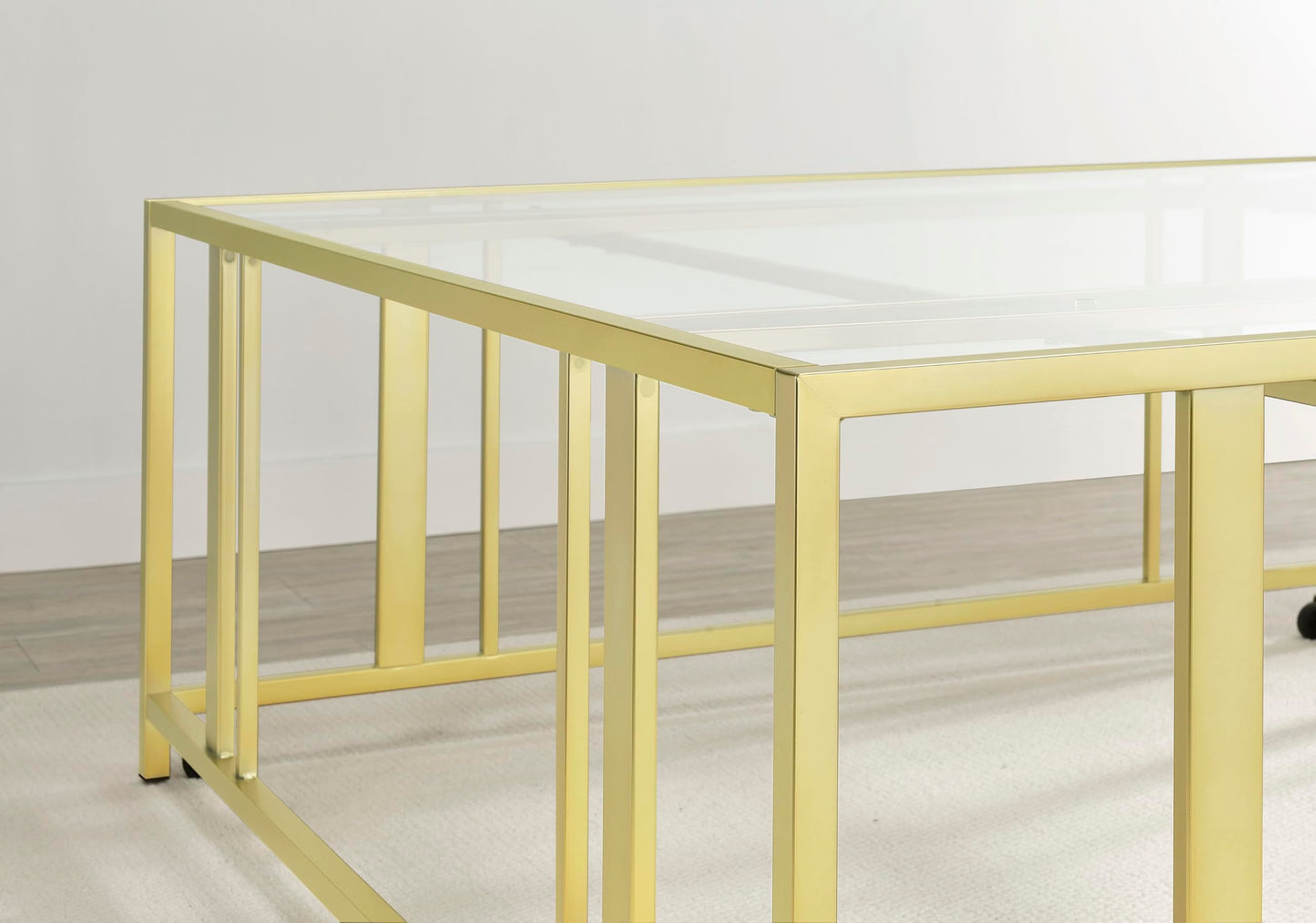 Coaster Home Furnishings - Adri - Square Glass Top Coffee Table with Geometric Base and Mobile with Rolling Casters - Contemporary - Living Room - Matte Brass - 710188