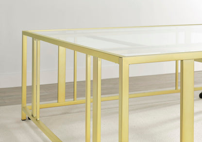 Coaster Home Furnishings - Adri - Square Glass Top Coffee Table with Geometric Base and Mobile with Rolling Casters - Contemporary - Living Room - Matte Brass - 710188
