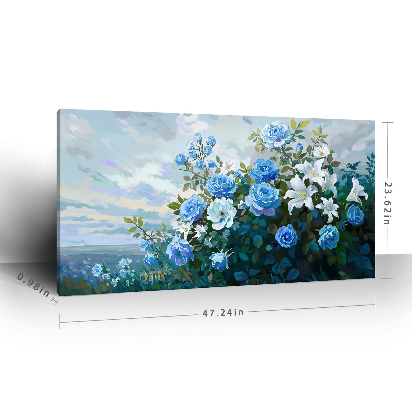 NiceTop 48x24 Inch Large Floral Canvas Wall Art, Waterproof Moisture Resistant Blue Rose White Lily Modern Botanical Artwork with Hanging Kit, Abstract Aesthetic Wrapped Canvas Print for Living Room, Bedroom, Bathroom, Boho Farmhouse Home Decor