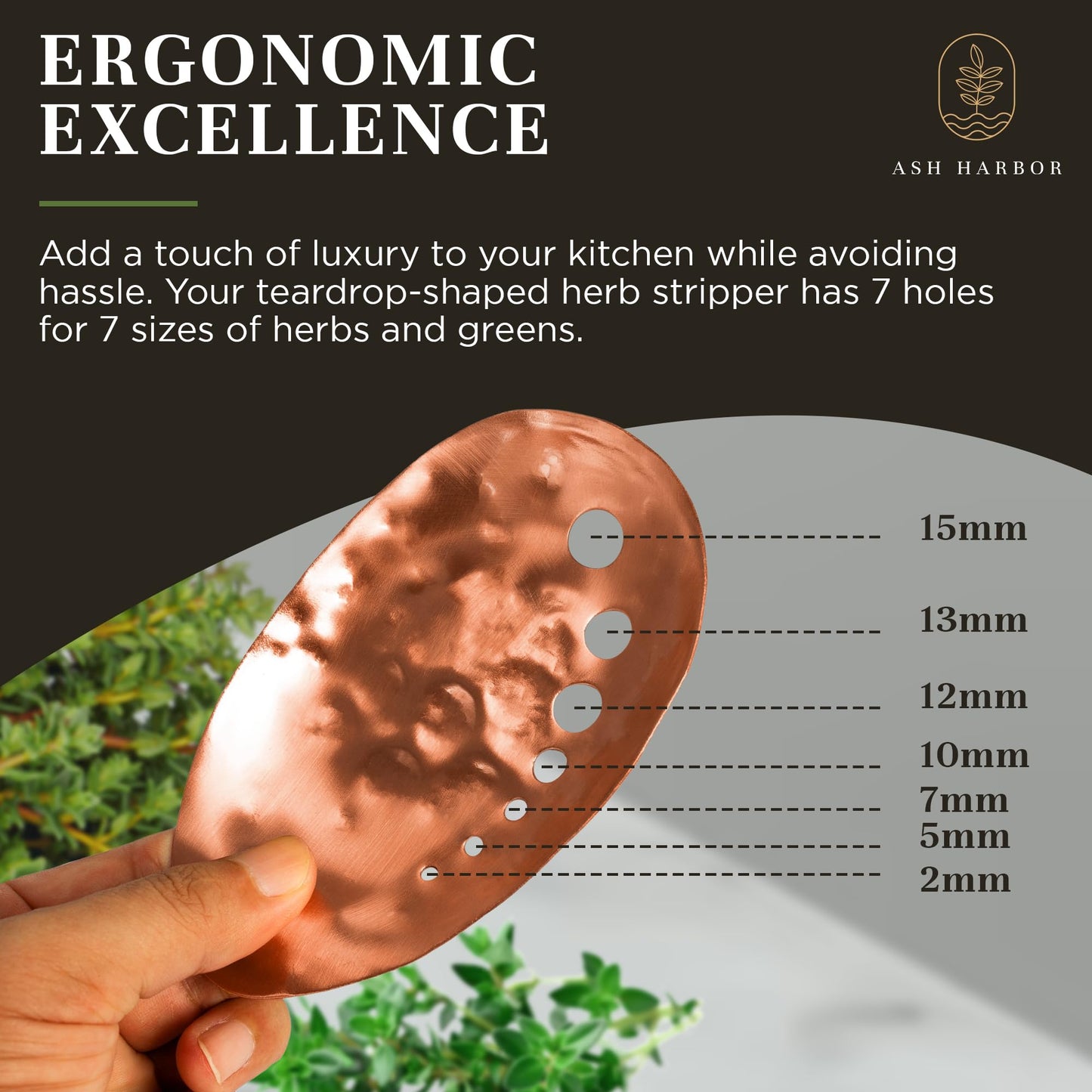 Handmade Copper Herb Stem Stripper Bowl – Herb Stripper Tool with 7 Hole Sizes – Shred & Catch Herbs & Greens - 5.5 x 3.5 In. Fun and Unique Kitchen Gadgets – Homesteading Essentials by Ash Harbor