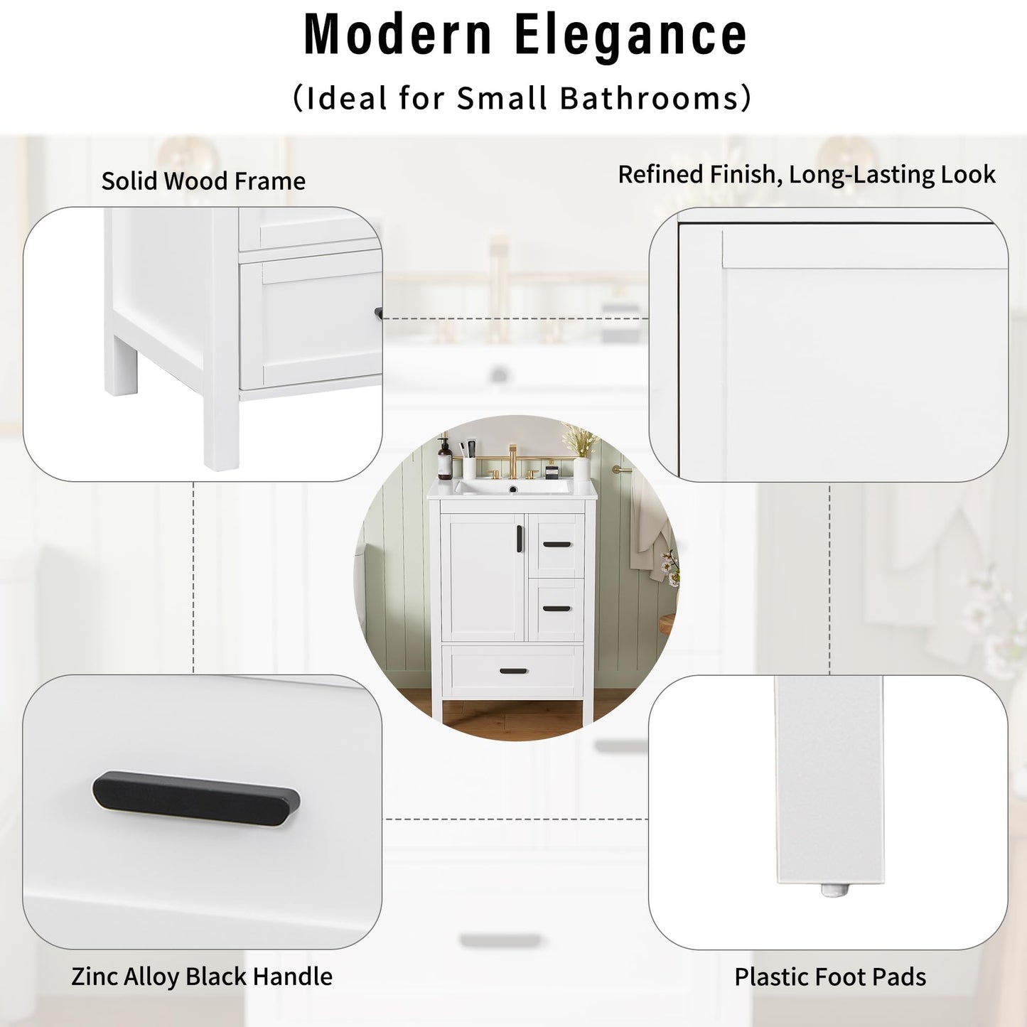 Favfurish 24" Bathroom Vanity with Ceramic Sink,Freestanding Bathroom Vanities with Soft-Closing Door and Double-Layer Door Shelf,Modern Bath Storage Cabinet w/ 3 Drawers,White