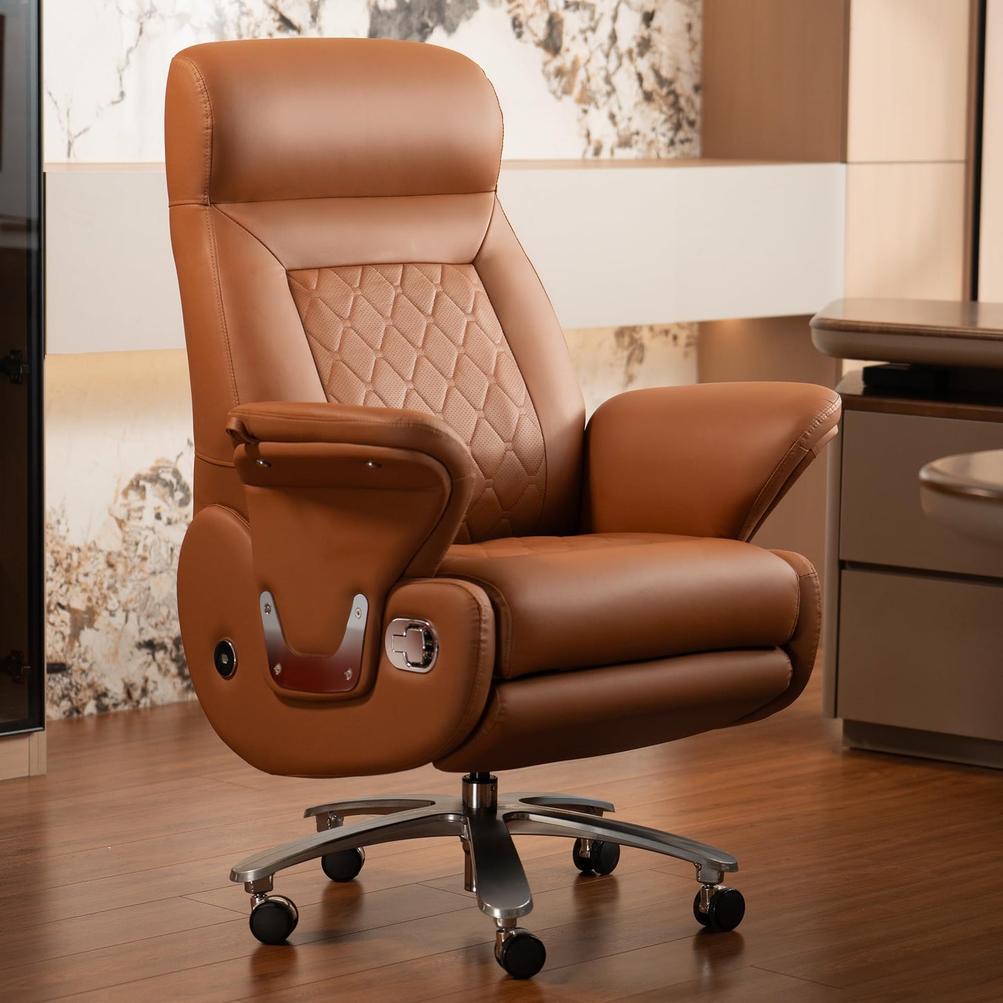Kinnls Luca Massage Office Chair Genuine Leather Power Recliner Chair with Heated Ventilation,Executive Desk Chair Fully Reclining Ergonomic Office Chair with Arms,Adjustable Tilk Angle (Brown)