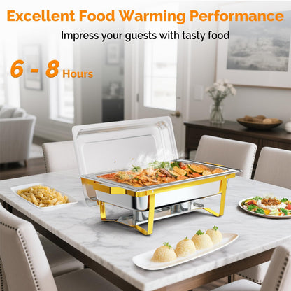 Bonnlo 8 Pack Chafing Dishes for Buffet, 9 Qt Stainless Steel Food Warmer Set with Lids, Rolled Edge Catering Chafer with Folding Frame for Wedding, Banquet, Party & Hotel Service, Silver & Gold