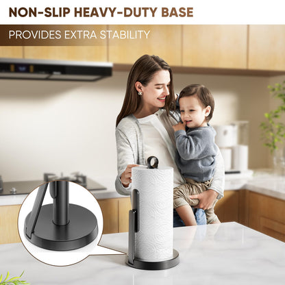 theaoo Heavy-Duty Stainless Steel Paper Towel Holder with Tension Arm – Easy One-Handed Tear, Modern Standing Countertop Dispenser for Kitchen, Holds All Paper Towel Rolls (1, Black)