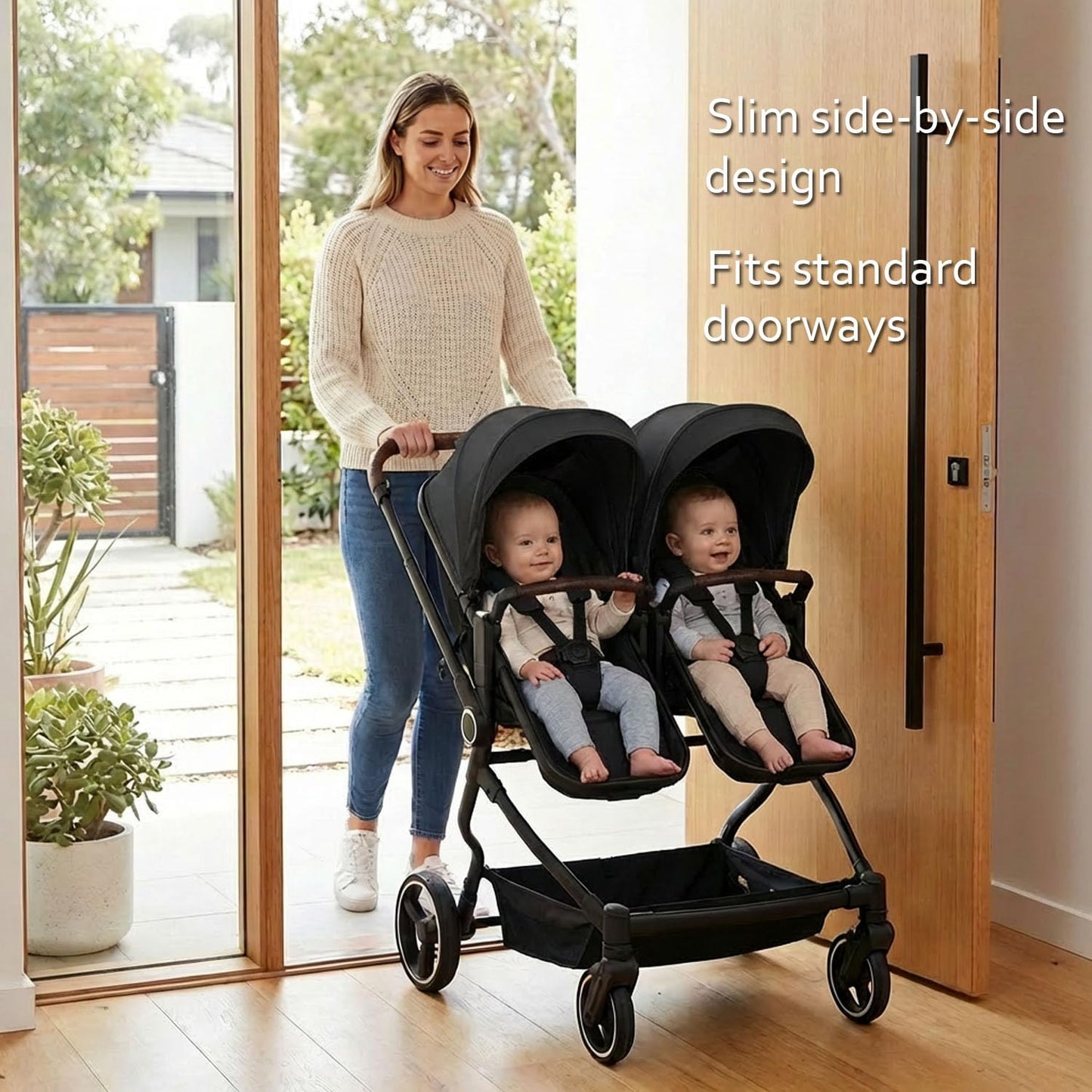 TALENBEEN Double Stroller for Infant and Toddler, Lightweight Side by Side Twin Baby Stroller, 26.8" Slim Design Fits Doors, Compact Foldable Travel Stroller, Independent Recline, Black