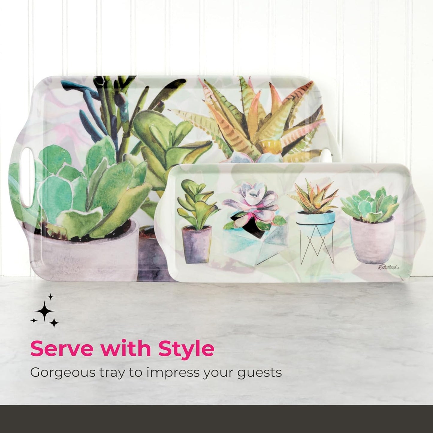 Pimpernel Succulents Large Handled Tray, 18.9" x 11.6" Melamine Serveware with Botanical Design