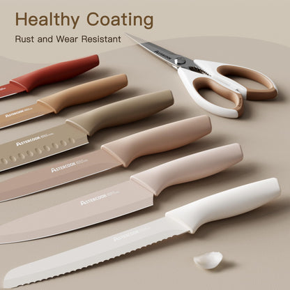 Astercook Knife Set, 13 Pieces Kitchen Knives Set with Healthy Anti-Rust Coating, Dishwasher Safe, Stainless Steel Chef Knife Sets with 6 Blade Guards, Perfect Mothers Day Gifts for Kitchen