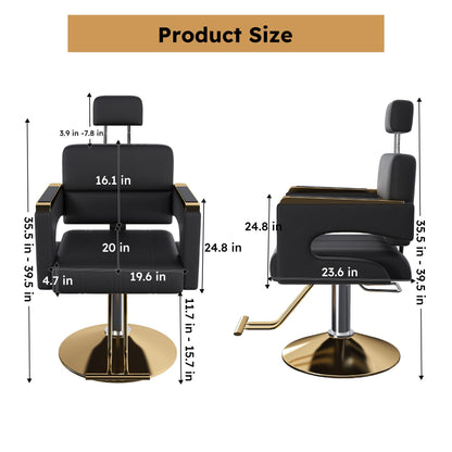 KEIKI Luxury Hydraulic Barber Chair, 160° Reclining Salon Chair w/Adjustable Height & 360° Swivel, Heavy Duty Styling Chair w/Gold Base, PU Leather Cushioned Barber Chair for Salon Spa, Black Gold