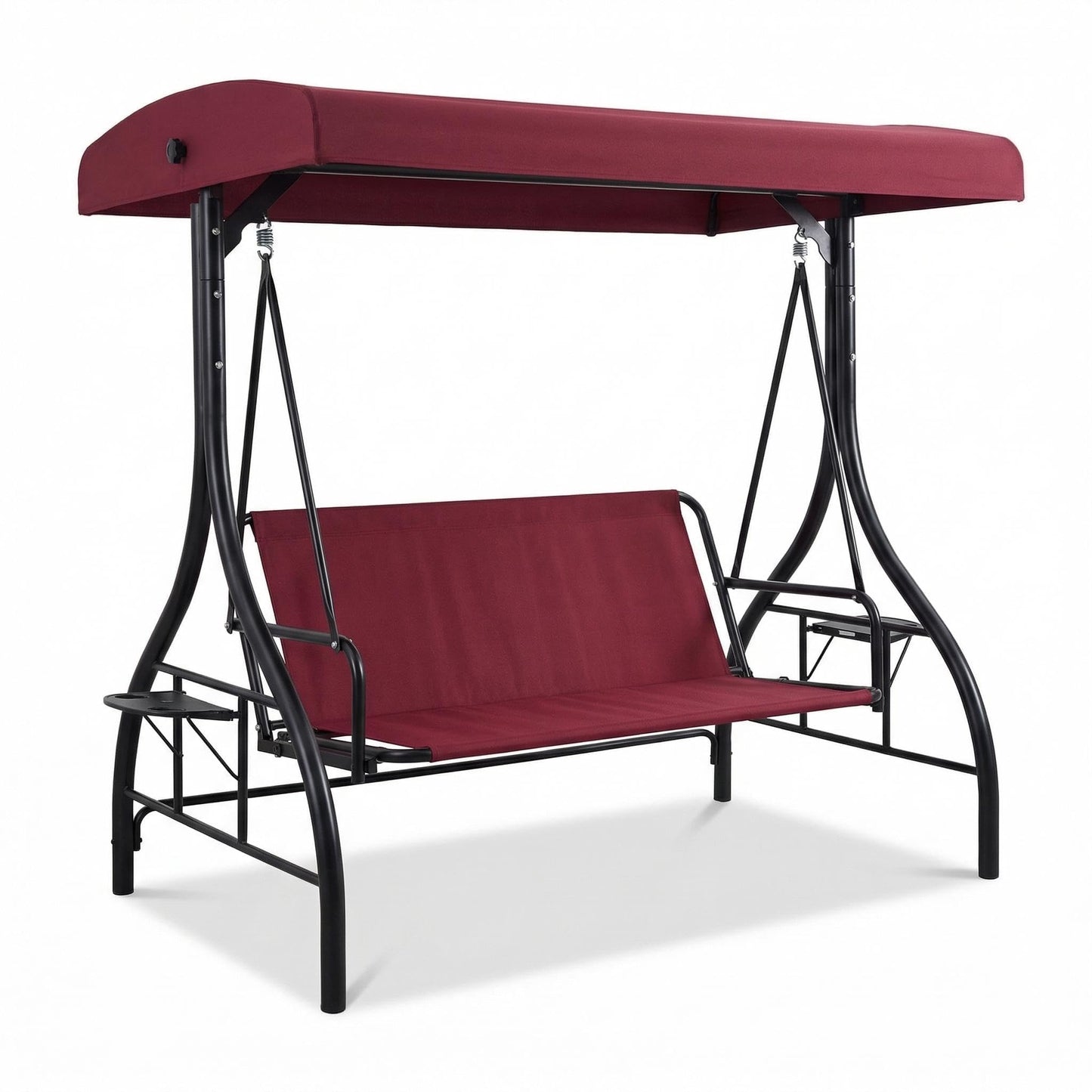 GarveeLife 3-Seat Outdoor Porch Swing with Adjustable Canopy, Convertible Patio Swing Bed with Stand, Thick Cushions & Cup Holders, Weather-Resistant for Backyard, Garden, Porch - Red