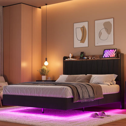 COZONY Modern Floating King Bed Frame with LED Lights, USB Charging Station, Upholstered Storage Headboard, Sturdy Wood Slats, No Box Spring Needed, Easy Assembly, Noise-Free, King-Black