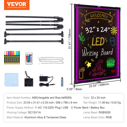 VEVOR 32"x24" LED Message Writing Board, Menu Sign Boards, Illuminated Erasable Lighted Chalkboard, Neon Effect Drawing Panel with 8 Fluorescent Chalk Markers and Remote Control