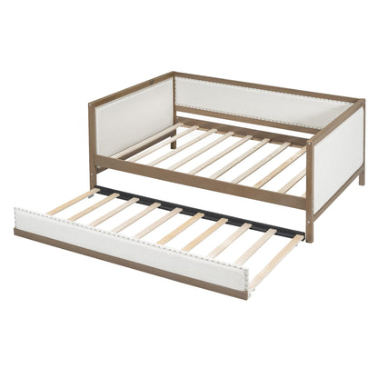 GDFStudio Full Size Upholstered Daybed with Trundle, Linen Sofa Bed with Nailhead Trim, Wood Frame Slat Support, No Box Spring Needed, Space Saving Guest Bed for Bedroom Living Room