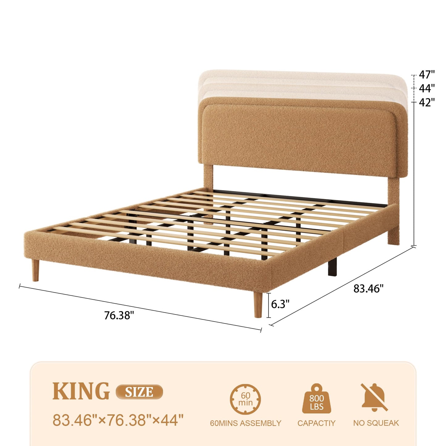 viplov King Size Boucle Upholstered Platform Bed Frame with Adjustable Headboard, Soft Cloud Bed, No Box Spring Needed, Noise Free, Easy Assembly, Brown
