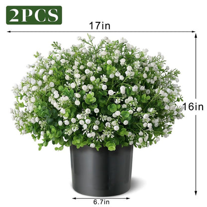 Artificial Eucalyptus with Baby's Breath Topiary Ball Trees - 2 Set Plastic Faux Eucalyptus Plants in Pot, Sun Resistant Fake Greenery Potted Bushes for Front Door Farmhouse Garden Porch Decor